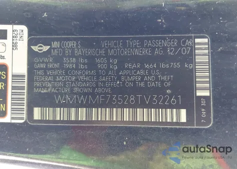 2008 Mini Cooper S from USA, damaged, VIN WMWMF73528TV32261